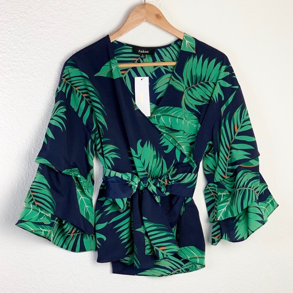 Aakaa Tops - Aakaa Navy Palm Leaf Wrap Blouse w/Front Tie Sz S
